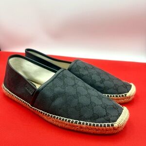 Gucci Black Espadrilles Canvas Slip On Flats Beige Black Italy 10.5